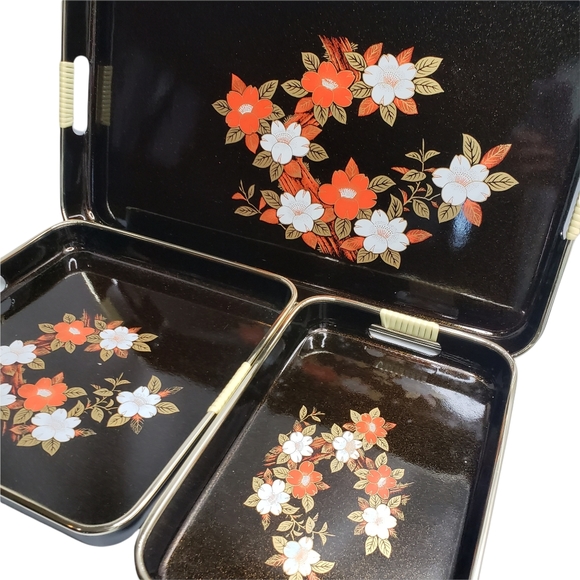 3 Piece Floral Lacquer Ware Serving Tray Set - Picture 6 of 6
